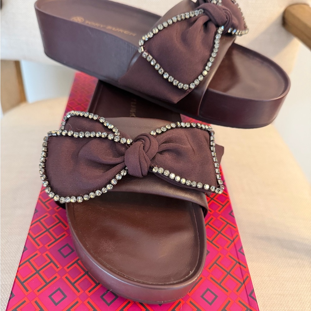 TORY BURCH Plum Crystal Bow Slide sz 9 - Picture 2 of 7
